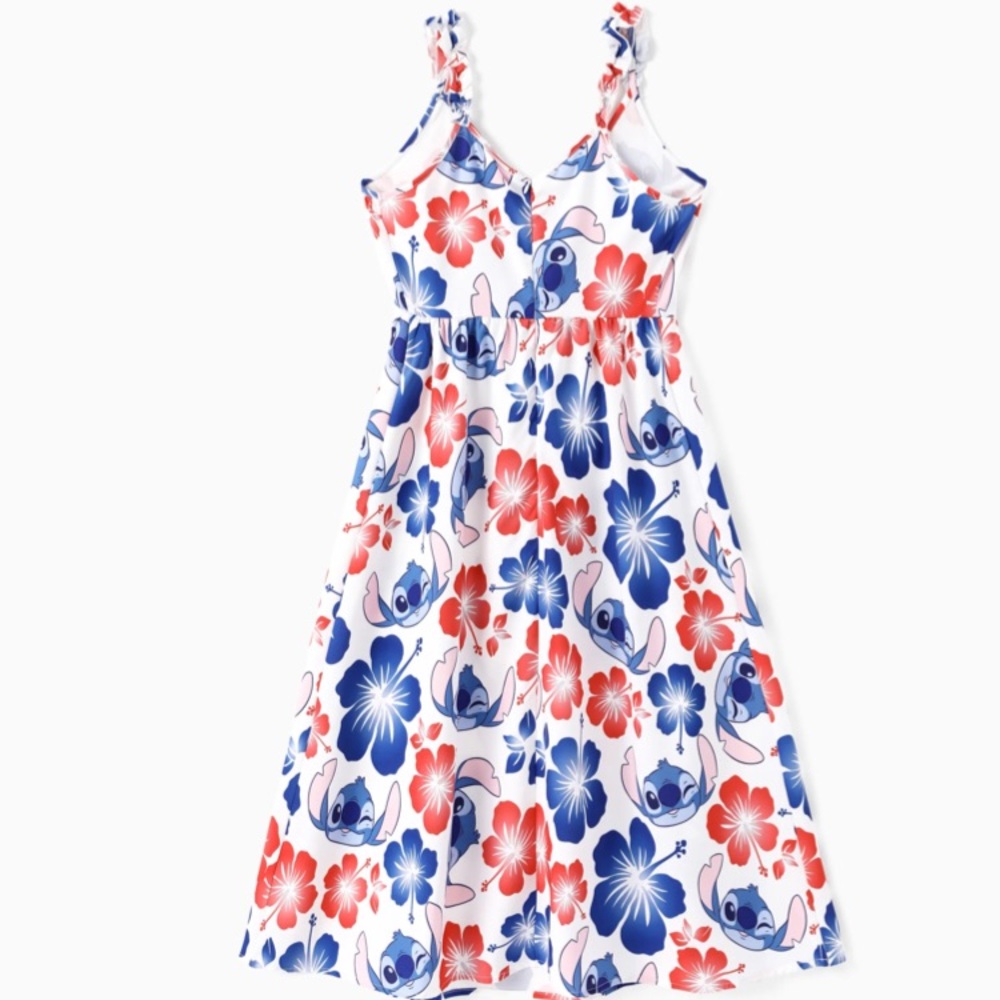 Disney Stitch with Floral Print Spaghetti Straps Women Blue and Red Dresses - Picture 7 of 11